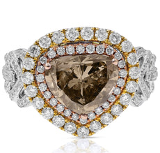LARGE 3.92CT WHITE & CHOCOLATE FANCY DIAMOND 18K TRI COLOR GOLD HEART SHAPE RING