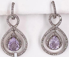 3.01CT DIAMOND & AAA PINK AMETHYST 14K WHITE GOLD 3D PEAR SHAPE & ROUND EARRINGS