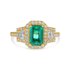 LARGE GIA 1.77CT DIAMOND & AAA EMERALD 14KT YELOW GOLD 3 STONE ENGAGEMENT RING