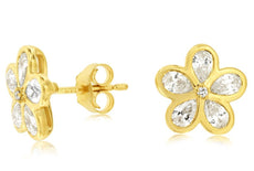 1.10CT DIAMOND 14KT YELLOW GOLD PEAR SHAPE BEZEL MULTI LEAF FLOWER STUD EARRINGS