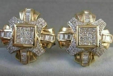 ESTATE LARGE SQUARE 4.80CT DIAMOND PRINCESS CUT 14K YELLOW GOLD CLIP EARRINGS