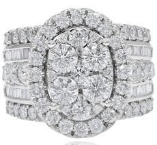 EXTRA LARGE 3.98CT DIAMOND 14KT WHITE GOLD ROUND & BAGUETTE OVAL ENGAGEMENT RING