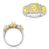 1.88CT WHITE & FANCY YELLOW DIAMOND 18K 2 TONE GOLD CUSHION & ROUND 3 STONE RING