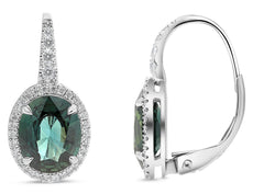 ESTATE 4.11CT DIAMOND & AAA GREEN SAPPHIRE 18KT WHITE GOLD OVAL HANGING EARRINGS