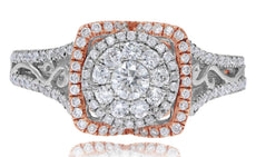 .89CT DIAMOND 18KT WHITE & ROSE GOLD SOLITAIRE CLUSTER FLOWER FILIGREE FUN RING