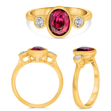 1.26CT DIAMOND & AAA RUBY 14KT YELLOW GOLD 3D OVAL & ROUND BEZEL ENGAGEMENT RING