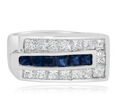 WIDE 2.11CT DIAMOND & AAA SAPPHIRE 14KT WHITE GOLD 3D PRINCESS UNISEX FUN RING