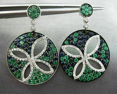 ESTATE LARGE 3.03CT DIAMOND SAPPHIRE & EMERALD 14KT WHITE GOLD FLOWER EARRINGS
