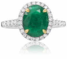 ESTATE 2.60CT DIAMOND & AAA EMERALD 18K 2 TONE GOLD OVAL CLASSIC ENGAGEMENT RING