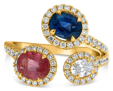 LARGE 2.99CT DIAMOND & AAA PINK & BLUE SAPPHIRE 18KT YELLOW GOLD OVAL LOVE RING