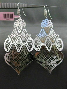 ESTATE LARGE .60CT DIAMOND 14K WHITE GOLD 3D PAVE OPEN FILIGREE HANGING EARRINGS