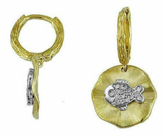 .15CT DIAMOND 14KT YELLOW GOLD 3D FLOWER LUCKY FISH FUN HANGING EARRINGS