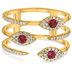 LARGE .41CT DIAMOND & AAA RUBY 14K YELLOW GOLD MULTI ROW LUCKY EVIL EYE FUN RING