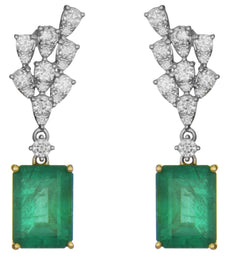14.93CT DIAMOND & AAA EMERALD 18K 2 TONE GOLD SQUARE & ROUND MULTI LEAF EARRINGS