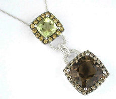 7.89CT DIAMOND AAA SMOKY TOPAZ & LEMON QUARTZ 14KT WHITE GOLD 3D CUSHION PENDANT