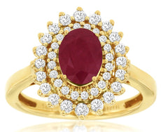 LARGE 1.72CT DIAMOND & AAA RUBY 14K YELLOW GOLD OVAL DOUBLE HALO FLOWER FUN RING