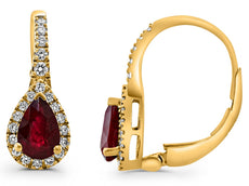 1.23CT DIAMOND & AAA RUBY 18KT YELLOW GOLD PEAR SHAPE SOLITAIRE HANGING EARRINGS