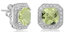 4.14CT DIAMOND & AAA GREEN AMETHYST 14KT WHITE GOLD 3D CUSHION & ROUND EARRINGS
