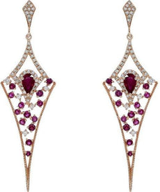 1.29CT DIAMOND & AAA RUBY 14KT ROSE GOLD 3D ROUND & PEAR SHAPE HANGING EARRINGS