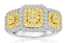 1.88CT WHITE & FANCY YELLOW DIAMOND 18K 2 TONE GOLD CUSHION & ROUND 3 STONE RING
