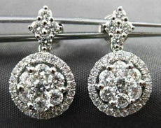 ESTATE 1.12CT ROUND DIAMOND 18KT WHITE GOLD FLOWER CLUSTER HANGING EARRINGS
