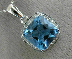 ESTATE LARGE 5.22CT DIAMOND & AAA BLUE TOPAZ 14KT WHITE GOLD HALO SQUARE PENDANT