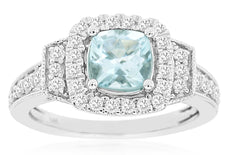 WIDE 1.35CT DIAMOND & AAA AQUAMARINE 14KT WHITE GOLD SQUARE HALO ENGAGEMENT RING