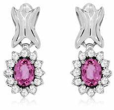 ESTATE 1.22CT DIAMOND & AAA PINK SAPPHIRE 14KT WHITE GOLD FLOWER HALO EARRINGS