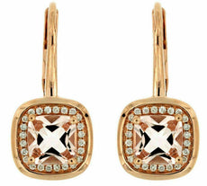 1.90CT DIAMOND & AAA MORGANITE 14KT ROSE GOLD SQUARE LEVERBACK HANGING EARRINGS