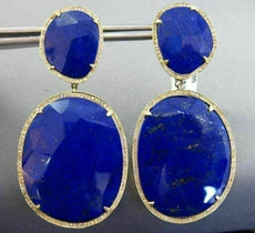 ESTATE MASSIVE 66.70CT ROUND DIAMOND & LAPIS 14K YELLOW GOLD 3D HANGING EARRINGS