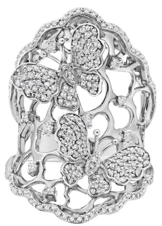 LARGE .95CT DIAMOND 14KT WHITE GOLD 3D MULTI HEART DOUBLE BUTTERFLY LOVE RING