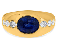 LARGE 3.0CT DIAMOND & AAA SAPPHIRE 14KT YELLOW GOLD OVAL & ROUND BEZEL MENS RING
