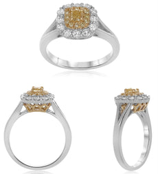 .84CT WHITE & FANCY YELLOW DIAMOND 18K 2 TONE GOLD ROUND & CUSHION FILIGREE RING
