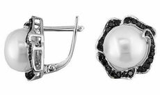 .72CT BLACK DIAMOND & AAA SOUTH SEA PEARL 14KT WHITE GOLD 3D FLOWER EARRINGS