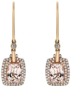 3.46CT DIAMOND & AAA MORGANITE 18KT ROSE GOLD CUSHION & ROUND HANGING EARRINGS
