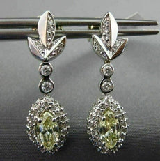 ESTATE 1.88CT WHITE & FANCY YELLOW DIAMOND 14KT WHITE GOLD LEAF HANGING EARRINGS