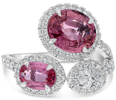 LARGE 3.89CT DIAMOND & AAA PINK SAPPHIRE 18KT WHITE GOLD OVAL 3 STONE LOVE RING