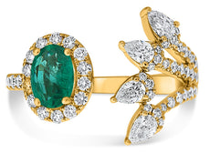 LARGE 1.40CT DIAMOND & AAA EMERALD 14KT YELLOW GOLD MULTI SHAPE MULTI LEAF RING