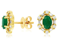 1.22CT DIAMOND & AAA EMERALD 14K YELLOW GOLD ROUND & BAGUETTE OVAL STUD EARRINGS