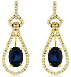 2.34CT DIAMOND & AAA SAPPHIRE 14KT YELLOW GOLD 3D OVAL & ROUND HANGING EARRINGS