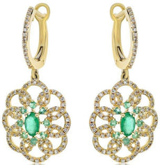 1.18CT DIAMOND & AAA EMERALD 14KT YELLOW GOLD 3D FLOWER CLIP ON HANGING EARRINGS