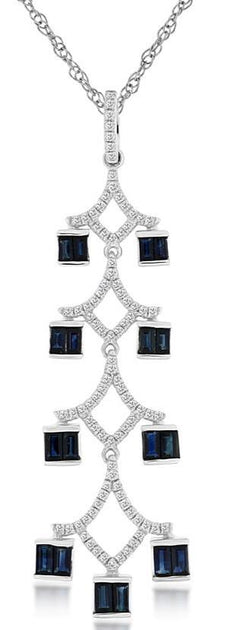 1.4CT DIAMOND & AAA SAPPHIRE 14KT WHITE GOLD ROUND & BAGUETTE CHANDELIER PENDANT