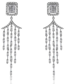 1.31CT DIAMOND 14KT WHITE GOLD 3D ROUND & BAGUETTE CHANDELIER HANGING EARRINGS