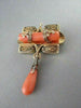 ANTIQUE .14CT ROSE CUT DIAMOND 18KT Y GOLD CORAL & BLACK ENAMEL PIN BROOCH #1892