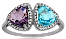 2.51CT DIAMOND & AAA AMETHYST & BLUE TOPAZ 14KT WHITE GOLD DOUBLE TRILLION RING