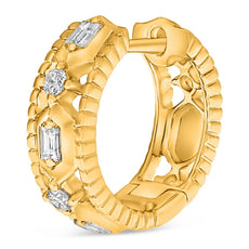 .26CT DIAMOND 14KT YELLOW GOLD 3D ROUND & BAGUETTE HUGGIE HOOP HANGING EARRINGS