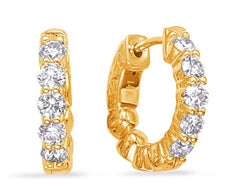 .49CT DIAMOND 14K YELLOW GOLD 3D ROUND SHARED PRONG HUGGIE HOOP HANGING EARRINGS