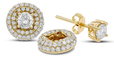 LARGE 1.98CT DIAMOND 14KT YELLOW GOLD 3D SOLITAIRE 3 ROW STUD JACKET EARRING SET