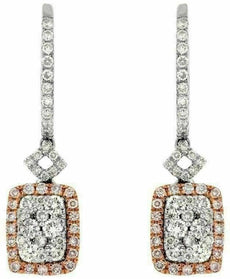 ESTATE .89CT WHITE & PINK DIAMOND 14K WHITE GOLD CLUSTER SQUARE HANGING EARRINGS