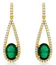 1.75CT DIAMOND & AAA EMERALD 14KT YELLOW GOLD 3D OVAL & ROUND HANGING EARRINGS